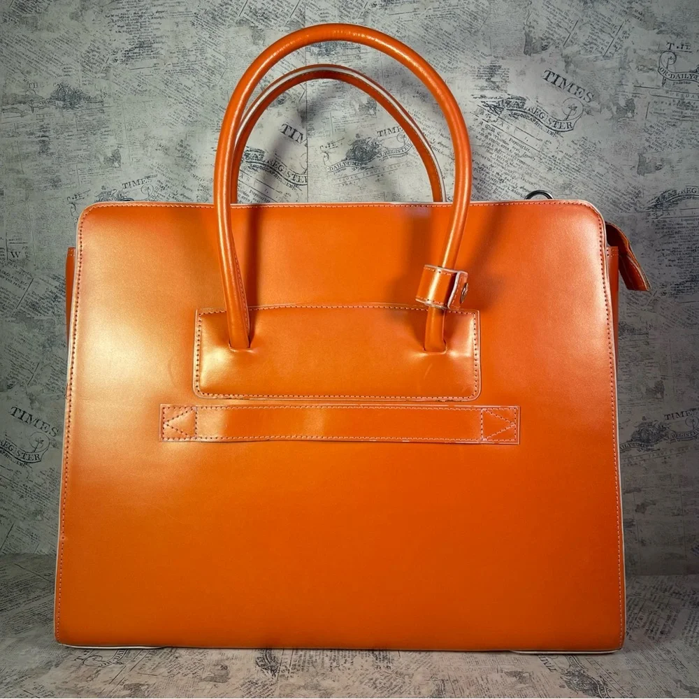 Structured Orange Leather Laptop Tote Bag with Double Handles